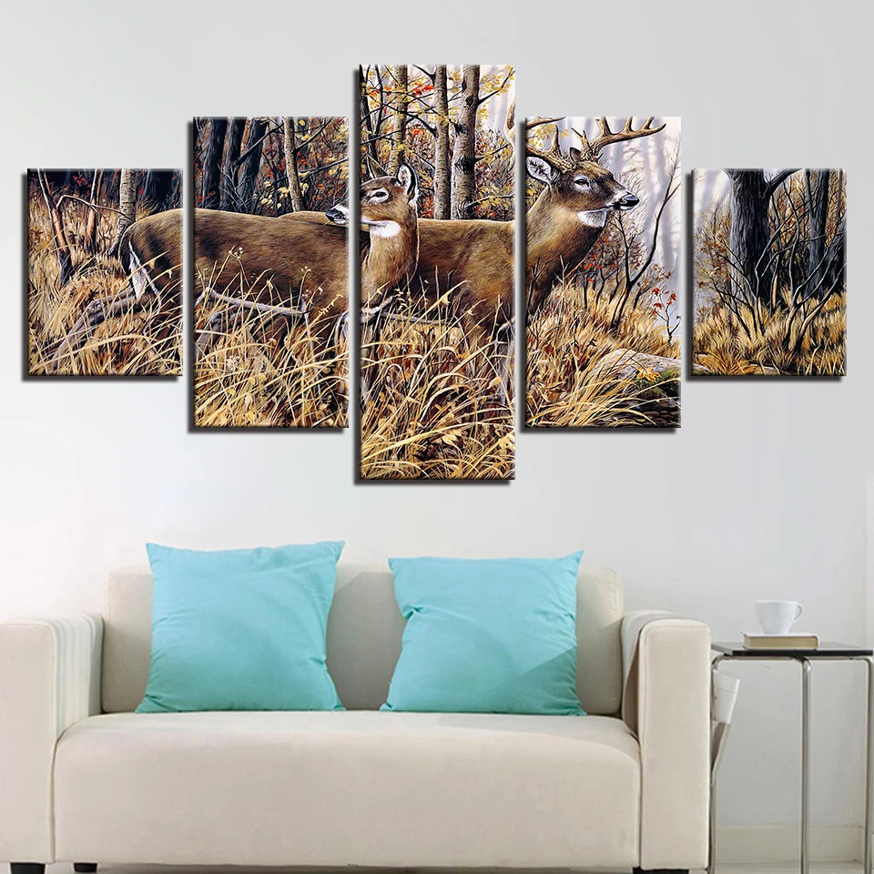 

Canvas Wall Art Pictures Home Decor 5 Pieces Forest Animal Deers Landscape Paintings For Living Room HD Prints Posters Framework