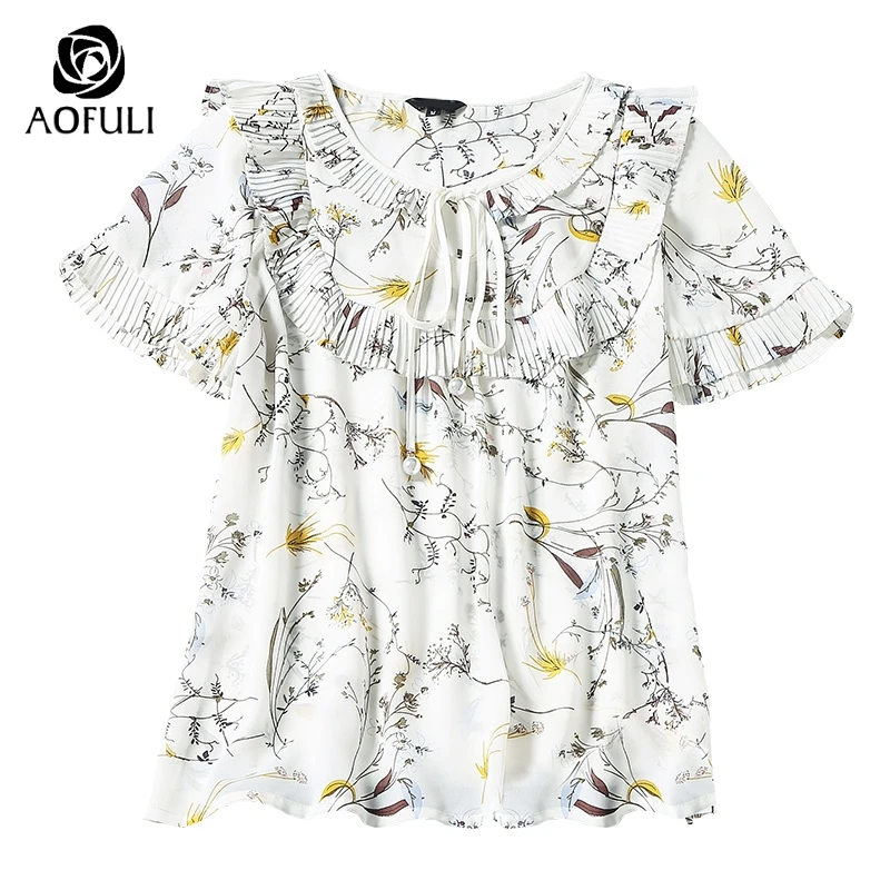 Размер-S романтическая плиссированная футболка с цветочным принтом жемчужная