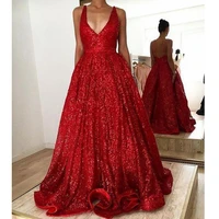 new v neck red sequined dresses evening gowns 2021 ruched sweep train prom dress formal gowns party dress for special occasion