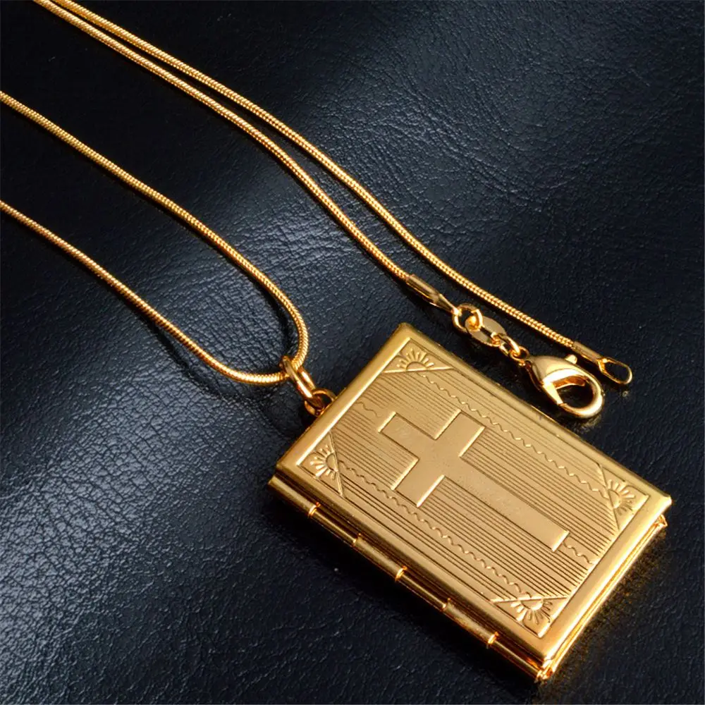 Cross Bible Photo frame Necklace Fashion Charms Square Memory Locket Can Open Pendants Necklaces Man Women Christian Gifts