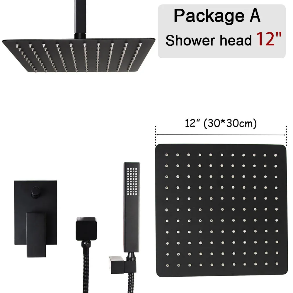 12 inch ceiling Ванная комната квадратная форма в потолочный Душ Набор с черным покрытием для ванной переключателем смеситель 8/10/12 дюймов дождь Душевая Головка - Цвет: 12 inch ceiling