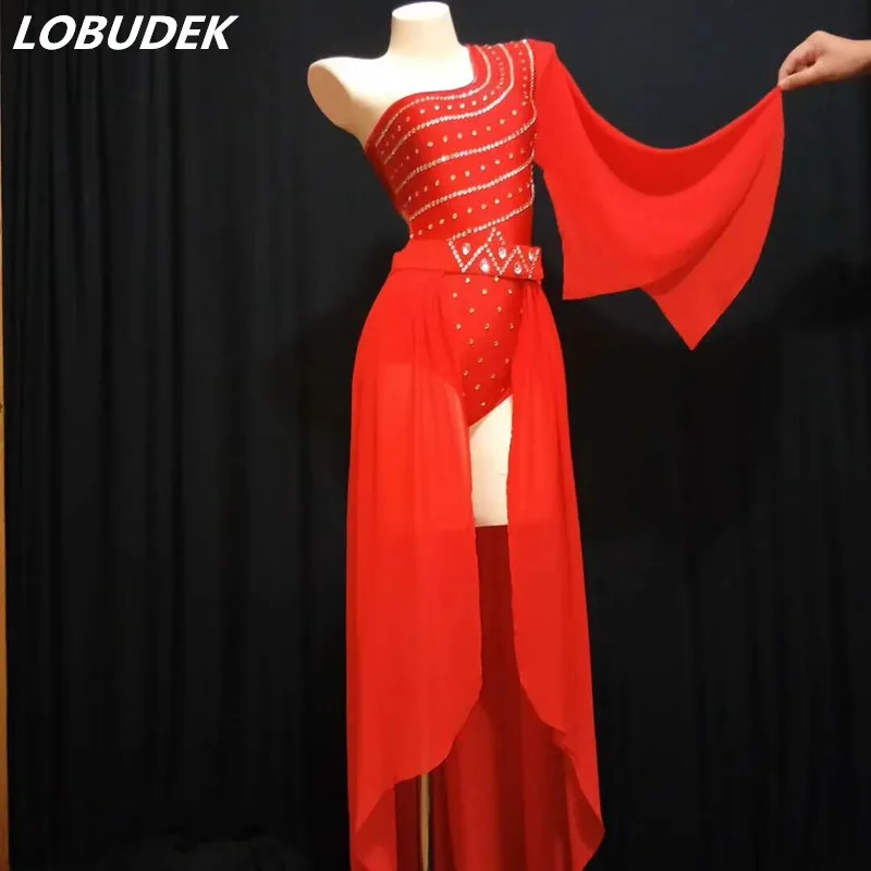 Sexy Nightclub Party Female Stage Costume Red Rhinestones Leotard Bodysuit Long Cloak Models Catwalk Show Performance Clothing