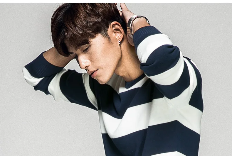 O-Neck Men Knitted Pullover Woolen Sweater Korean Style Mens Long Sleeve Striped Designer | Мужская одежда