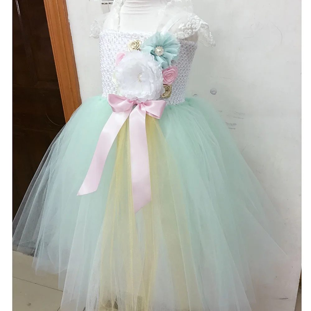 

Mint Green Flower Girl Ankle Length Wedding Party Tutu Dress Child Lace Strap Prom Gown Evening Banquet Skirts