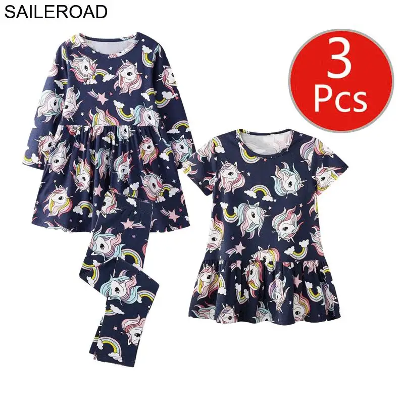 SAILEROAD Девушки Мода 3 шт. Детская Одежда Набор Платье Леггинсы Наряды на Лето Осень Малышей Платья Партии Костюмы - Цвет: 7132-6409-1151 photo