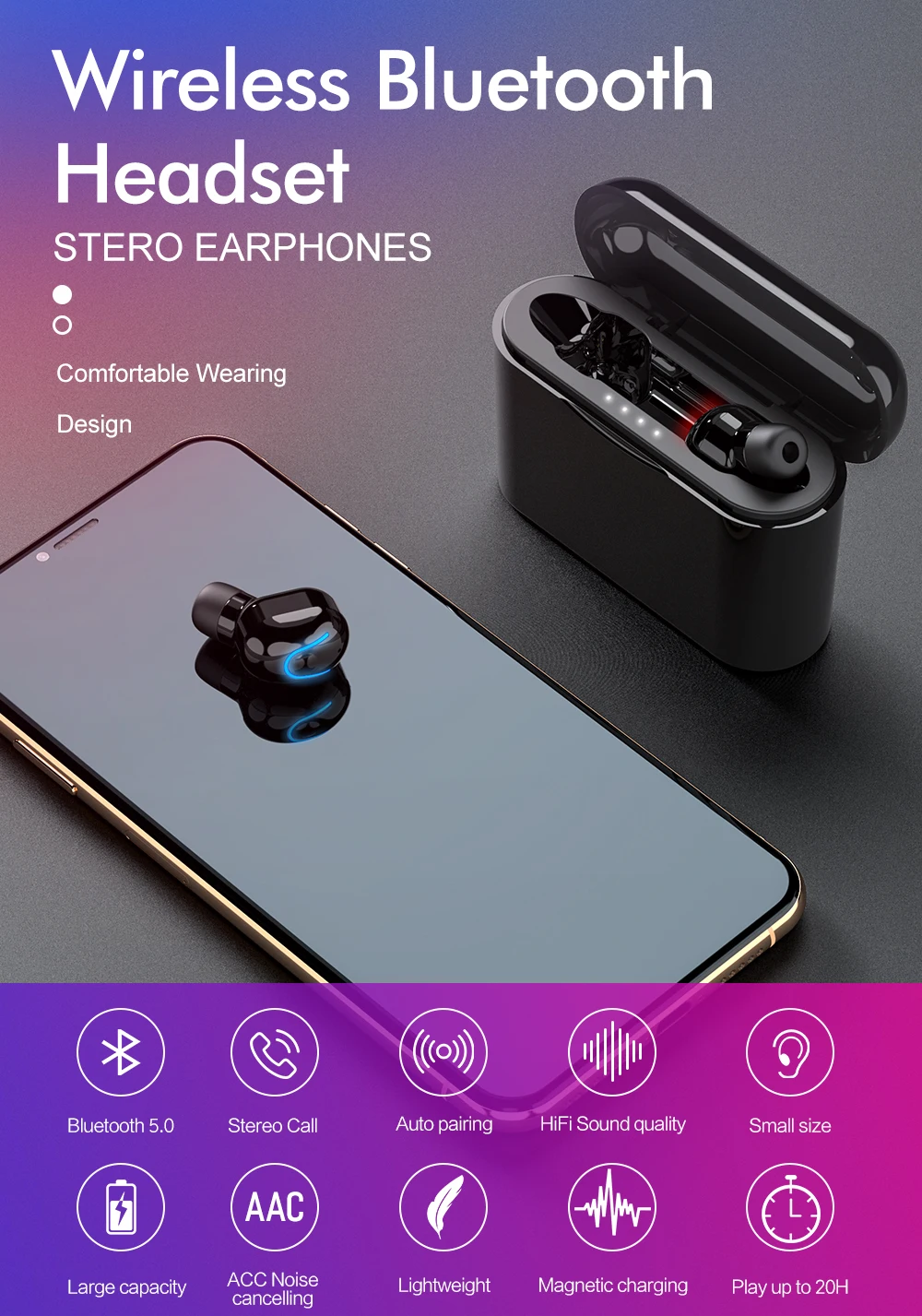 Bluetooth гарнитура, беспроводные наушники, HIFI Звук V5.0, наушники, стерео наушники с микрофоном, зарядная коробка, внешний аккумулятор для смартфона