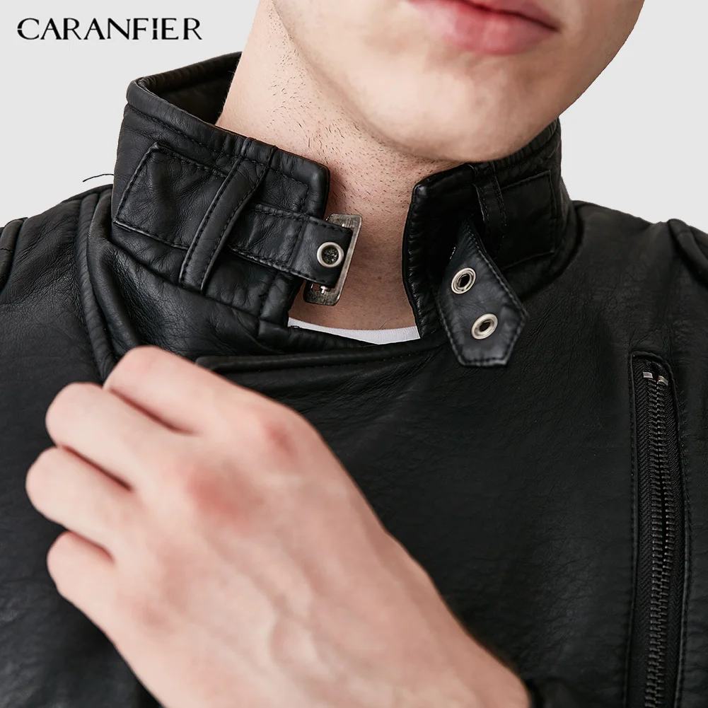 CARANFIER Мужская осенняя куртка из искусственной кожи приталенная мотоциклетная на