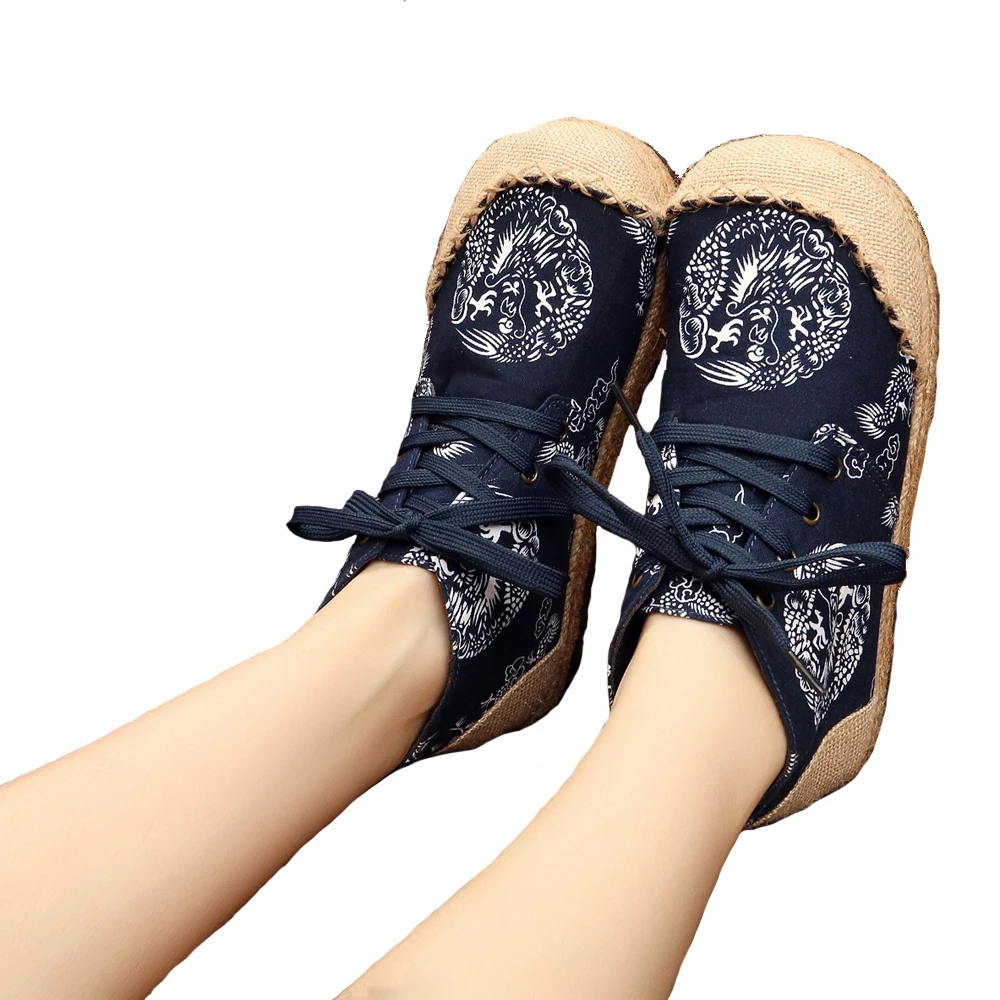 Women Shoes Vintage Dragon Print Embroidered Cotton Linen Canvas Cloth Single National Woven Round Toe Lace Up Flats