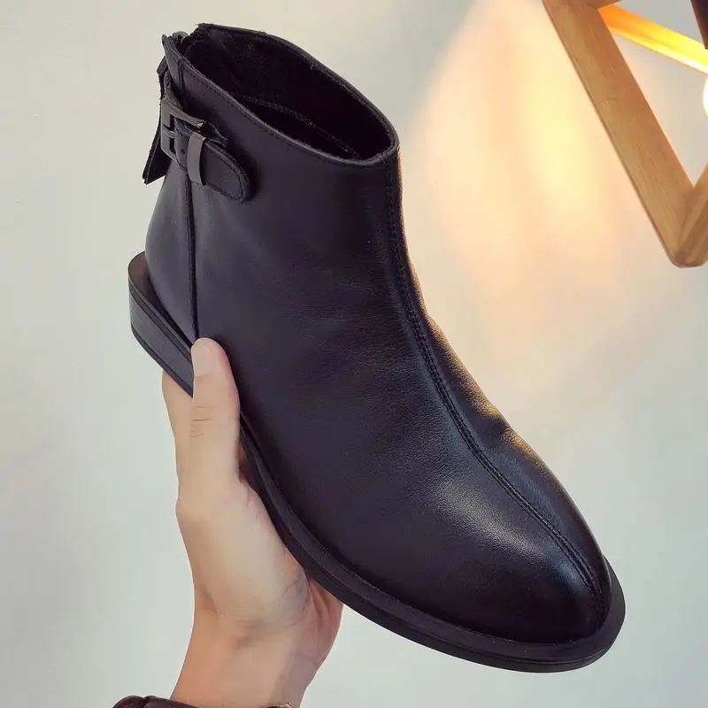 TAOFFEN British Style Real Leather Women Ankle Boots Zipper Round Toe Shoes Winter Autumn Warm Chelsea Size 35-39 | Обувь