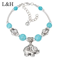 vintage antique silver elephant owl charm bracelets blue round stone beaded bracelets for women men ethnic jewelry gift bijoux