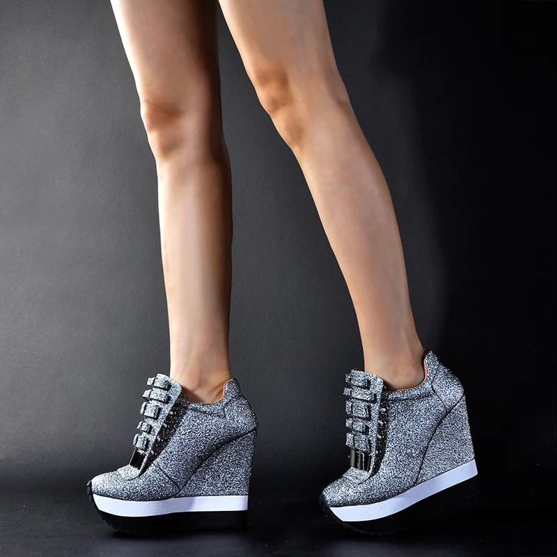 Женские кроссовки на высоком каблуке sinjumping черные обувь толстой подошве