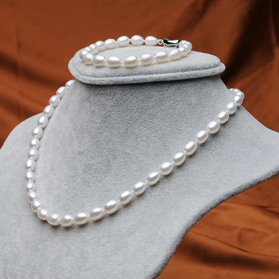 FEIGE браслет Femmes avec 7 8 мм Blanc D'eau Douce Perle Collier Ensemble et 925 En Argent Femelle|femelle| |