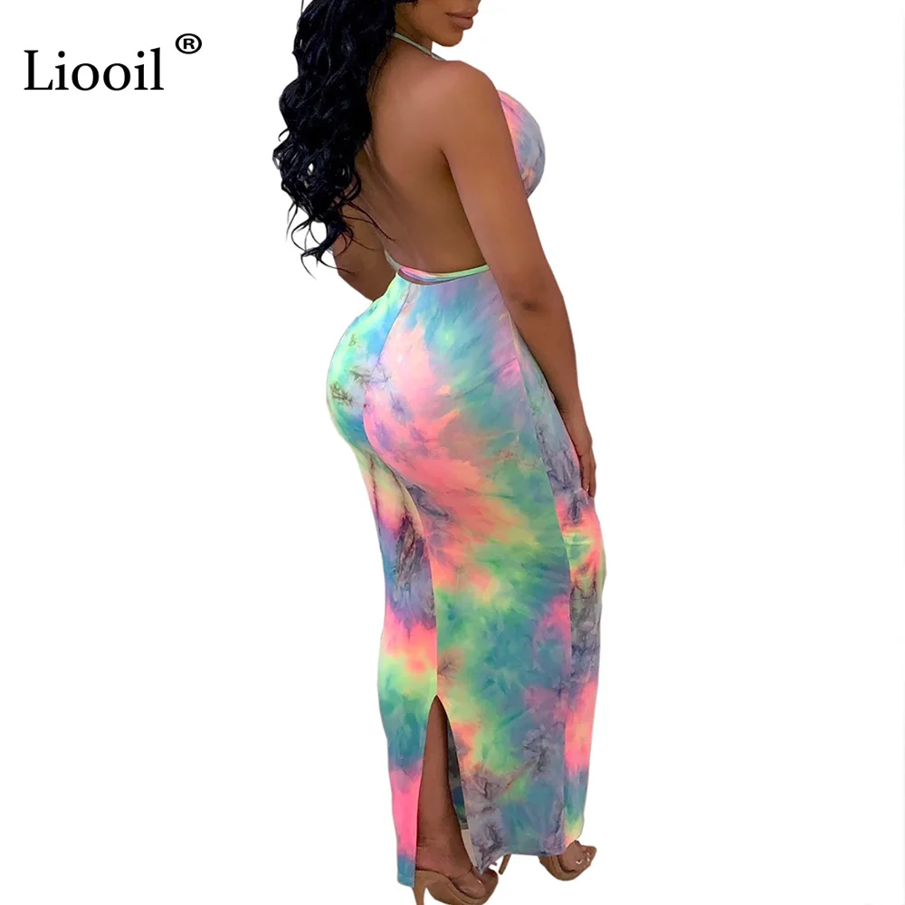 Liooil Tie Dye Женский комплект 2 шт. Холтер облегающее Макси платье с открытой спиной Платья размера плюс длинные сексуальные платья вечерние платья для ночного клуба