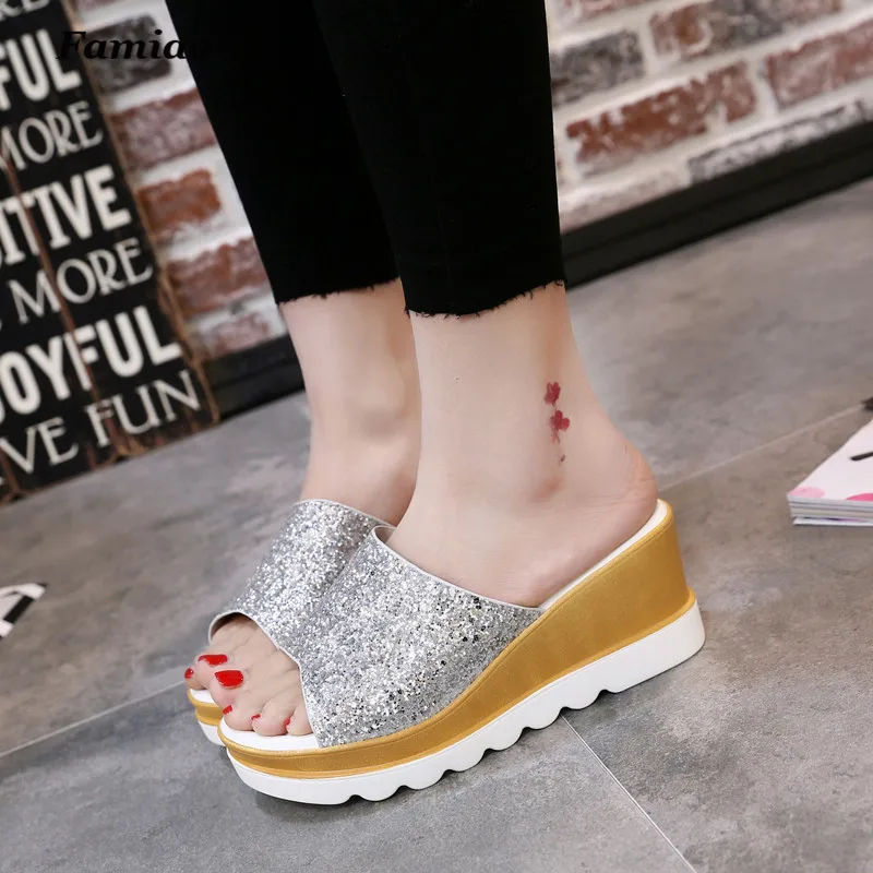 Faimao 2017 Клинья сандалии платформы женщина блеск дамы тапочки блестящие щепка