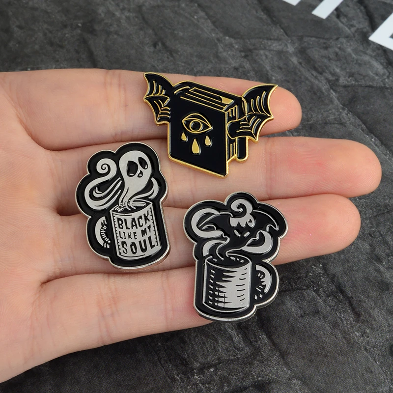 

QIHE JEWELRY Bat book Black like my soul coffee mug funny coffee quote pins Black pins Punk pins Brooches Badges