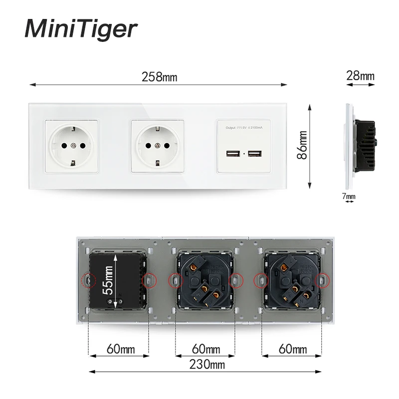 Настенная электрическая розетка Minitiger с двойным USB портом 16 А 5 В 2 А|Электрические