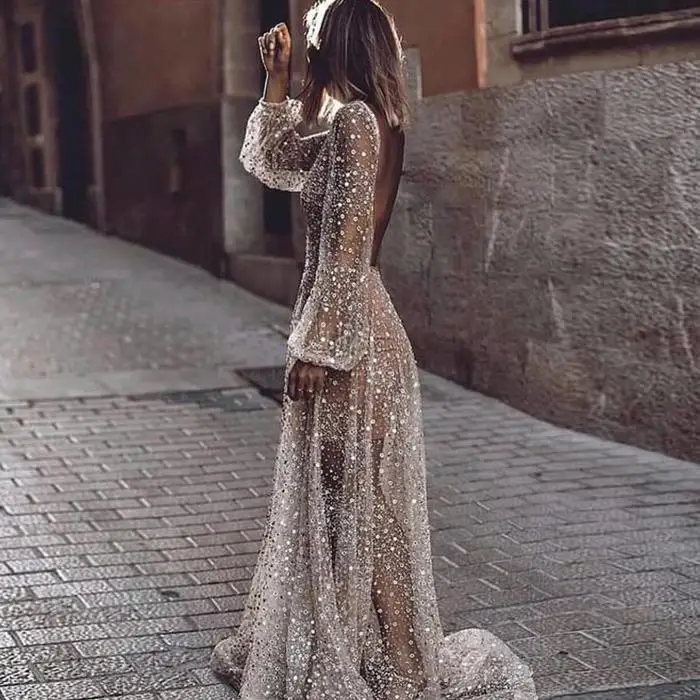 Женское модное платье с v образным вырезом и длинным рукавом просвечивающее