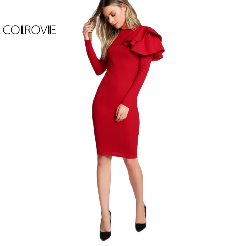 COLROVIE красное OL элегантное облегающее платье женское с одной стороны Многоуровневое платье с рюшами милое платье с длинным рукавом осеннее Новое сексуальное платье миди с круглым вырезом