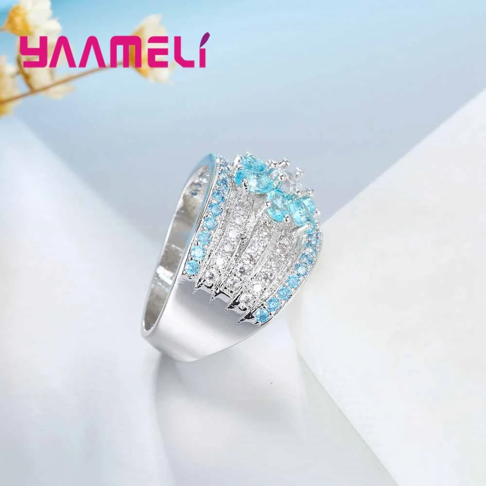 Brand Blue Stone Ornament With White Crystal Flower Shape 925 Sterling Silver Rings For Women Christmas Present | Украшения и