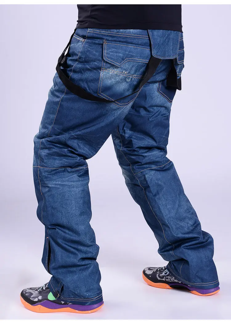 Men blue 30 cheap Women Snow pant outdoor sports wear Strap trousers snowboarding Clothing waterproof windproof bib ski pant Denim style - Цвет: Men blue