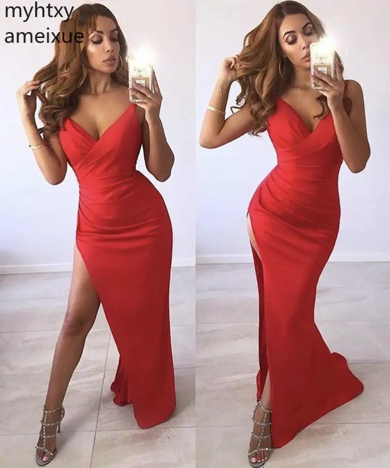 2020 New Sexy Cheap Red Plus Size Evening Gowns DressesV-neck Spaghetti Straps Floor Length Satin Zipper Back Robe De Soiree
