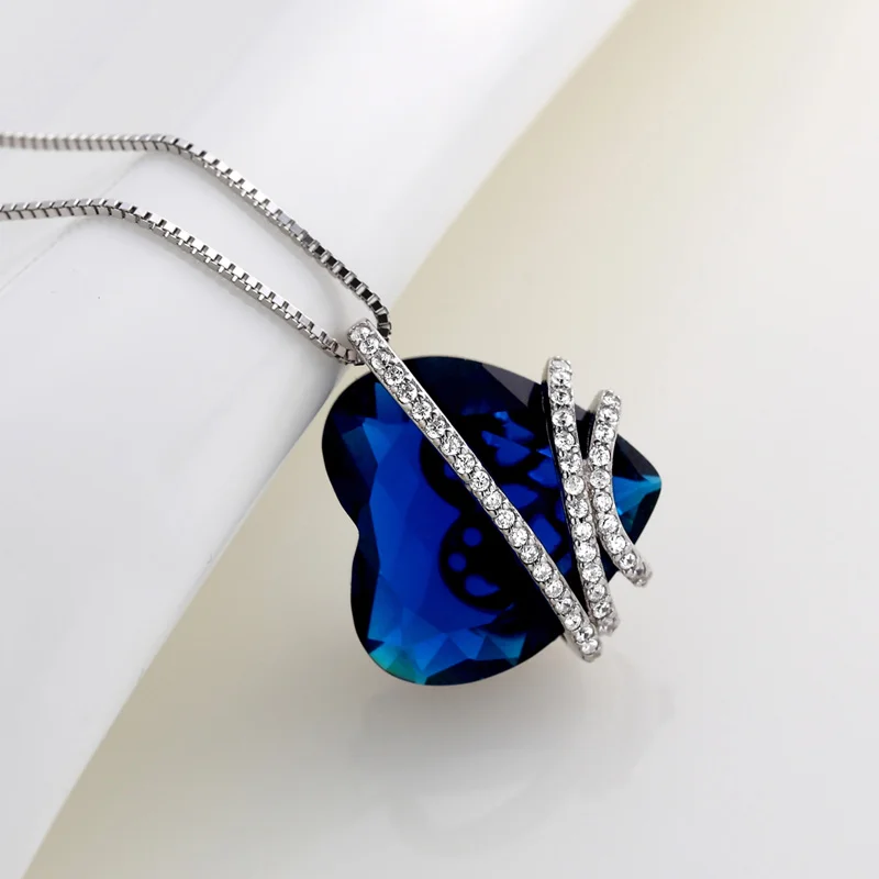 Sapphire Stone White Diamond Blue Gemstones Heart Figure Crystal 925 Sterling Sliver Pendant Necklaces For Women Jewelry Bijoux | Украшения
