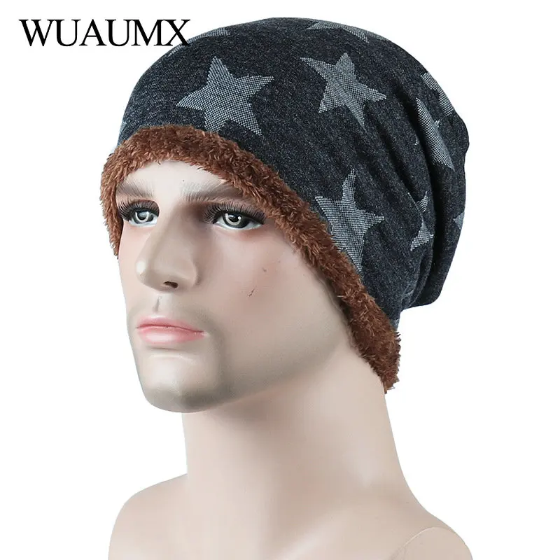 

Wuaumx NEW Men's Winter Hats Beanies For Men Boys Pentagram Print Bonnet Skullies Caps With Velvet Warm Baggy Knitted Hat Man