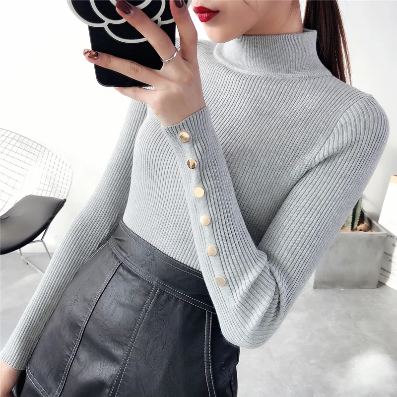 G OHCLOTHING модный полукорейский весенний свитер с пуговицами и рукавами женские топы Женский вязаный Модный пуловер с высоким воротом - Цвет: G