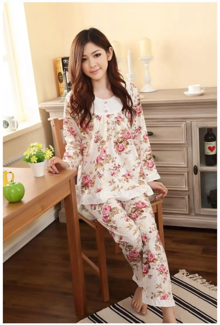 2018 Сезон весна осень Женские пижамные комплекты с цветочным узором в виде роз