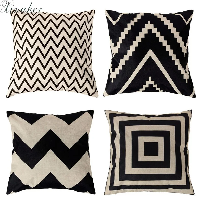 Черно белый чехол для подушки из хлопка и льна с геометрическим