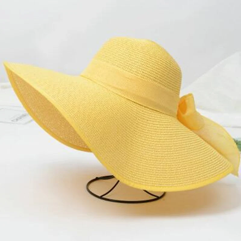 Модная женская складная соломенная шляпа от солнца с бантом и широкими полями