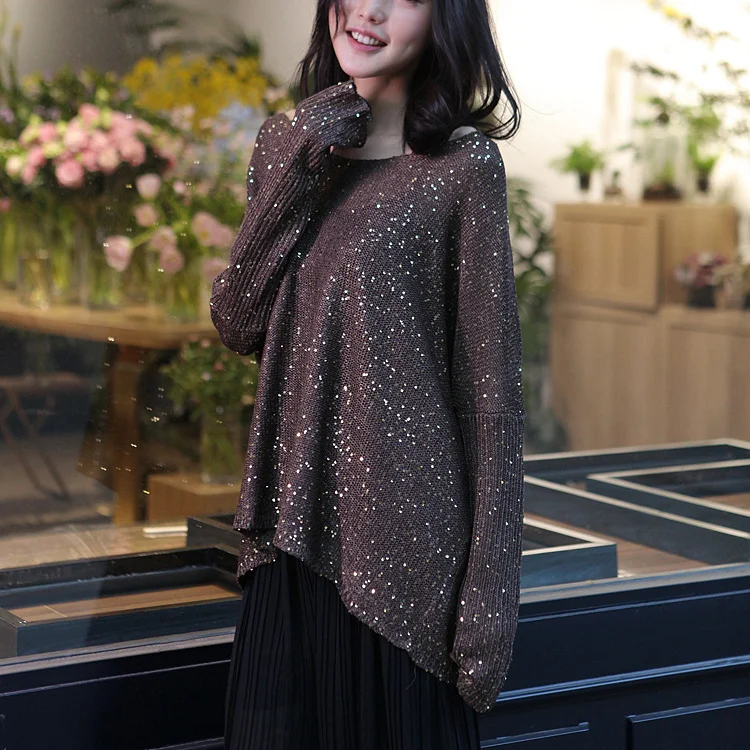 Gold Lurex Knit Tops Women Long Batwing Sleeve Big O-neck Sequined Sweaters Silver Thread Shiny Loose Ladies Jumpers | Женская одежда