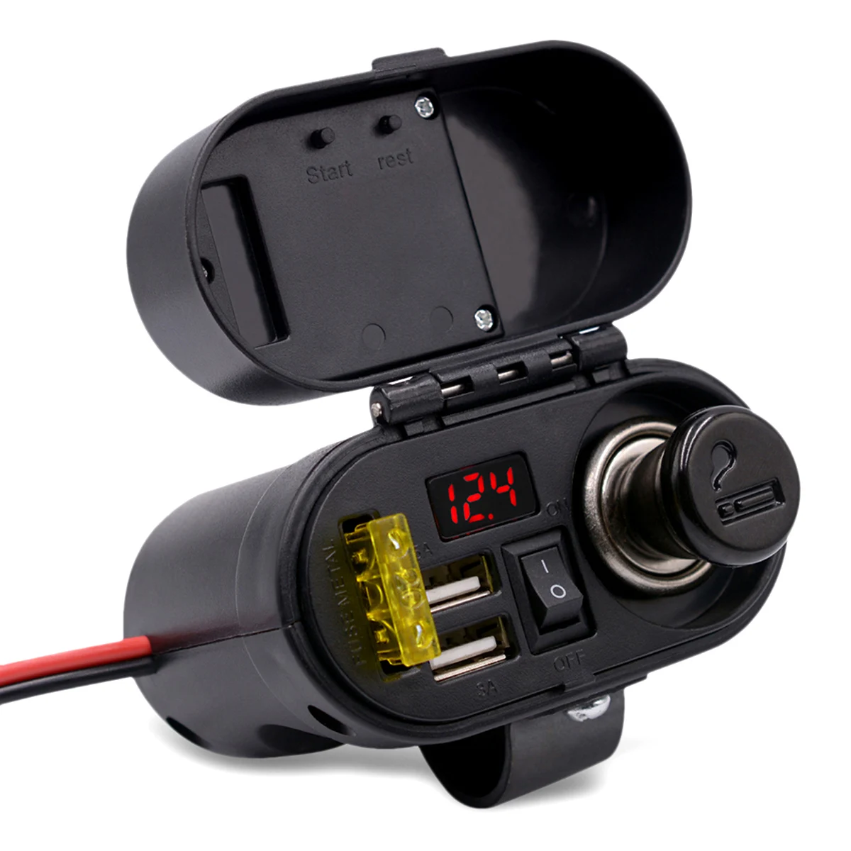 

20A Fuse 12V-24V Motorcycle Cigarette Lighter 5V 3.1A Waterproof Dual USB Port Charger With Voltmeter Time Display