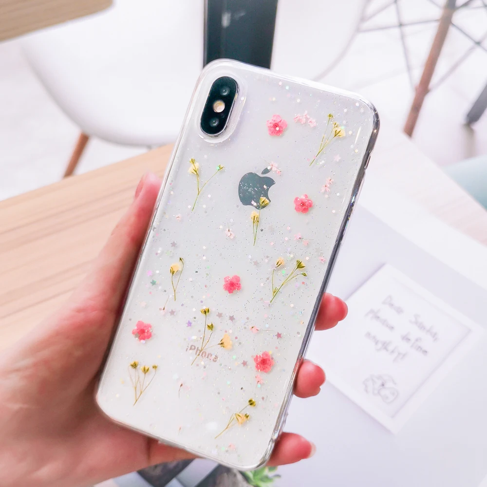 Прозрачный Мягкий ТПУ чехол для телефона с настоящими цветами для iPhone 11 X XS XR XS Max 6 6S 7 8 Plus Красивая задняя крышка