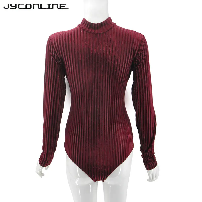 JYConline High Street Боди женские топы со стоячим воротником сексуальные Полосатые бархатные боди с длинным рукавом комбинезон боди на работу - Цвет: Бургундия