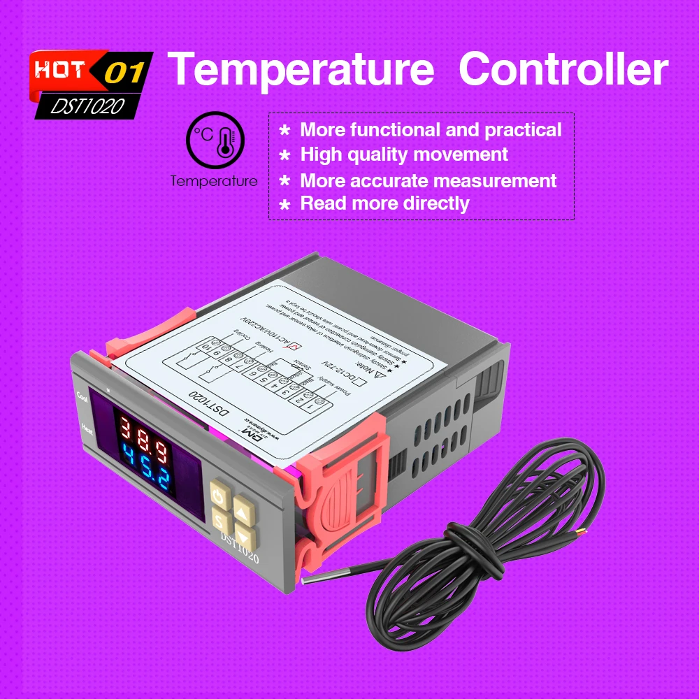 DST1020 DC 12-72 В AC 110 В 220 В двойной дисплей цифровой термостат контроллер температуры DS18B20 датчик Водонепроницаемый заменить STC-1000