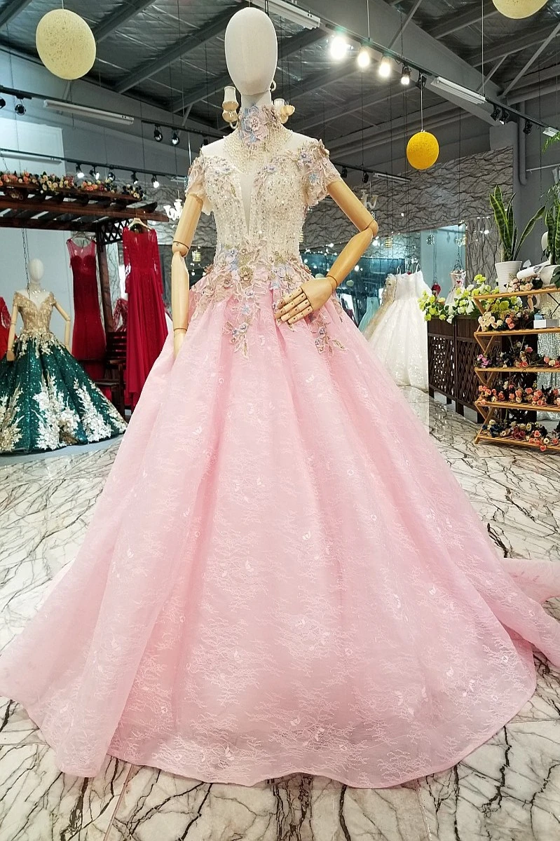 2018 Pink Tulle Evening Dress Sleeveless High Neck Formal Floor-length Ball Gown Vintage Prom Dresses Vestido De Festa | Свадьбы и