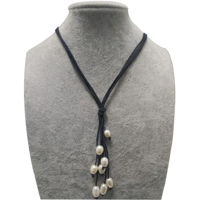 

Wholesale Four Rows Natural White Freshwater Rice Pearl Handmade Black Wax Leather Tassel Necklace