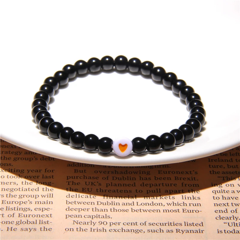 

6mm Hot heart charm black beads bracelet for women men ladies couples friendship bracelet for lovers femme homme simple bracelet