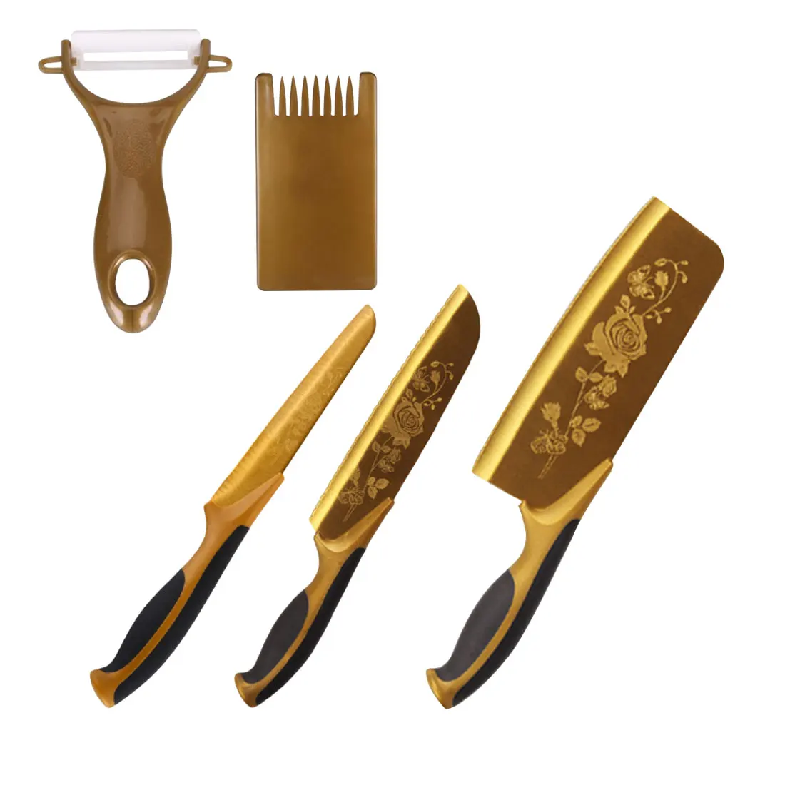 Новинка 2017 5 шт. золотой титановый Розовый пион с цветочным принтом набор ножей