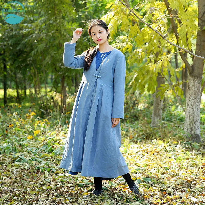 Linenall платье цвет небесно-синий оригинальный дизайн льняные свободные Длинный