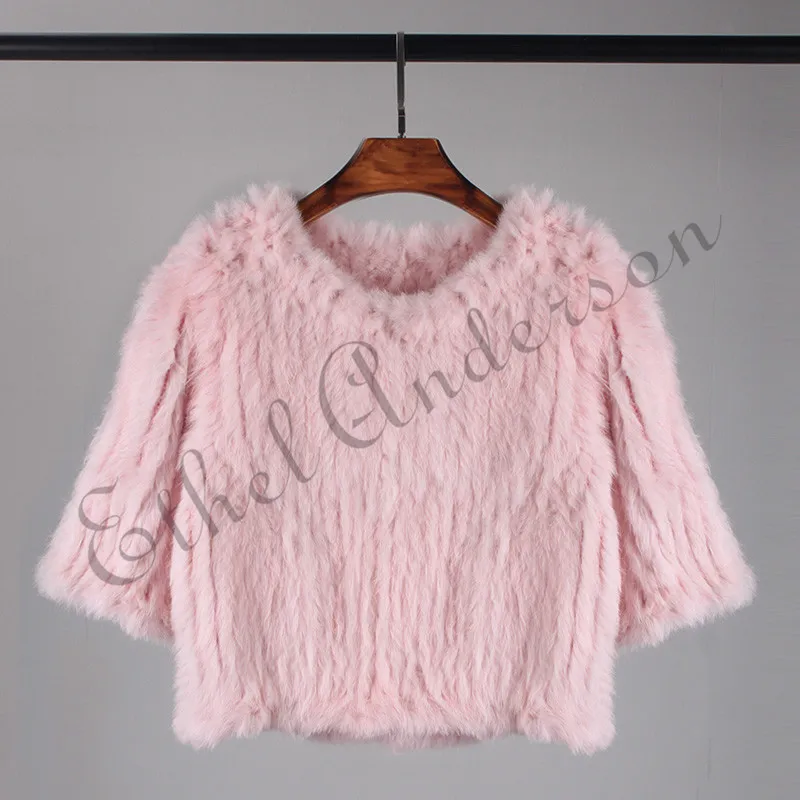 ETHEL ANDERSON Womens Knitted Real Rabbit Fur Jacket Coat Fashion Pullover Outwear Waist Length Sweater Beauty New Arriving