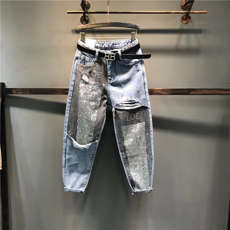 Новинка 2019 весенне осенние женские джинсовые брюки с цветными блоками лидер