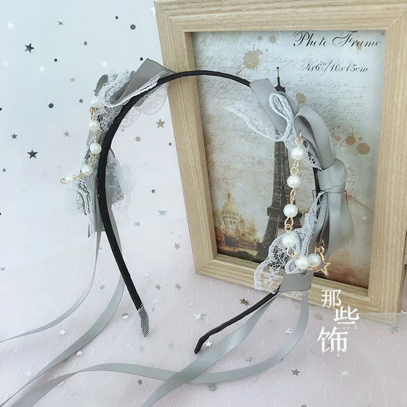 Японский DIY аксессуары для волос Лолита двусторонний бант лента повязка Мягкая сестра Лолита KC повязка на голову шпилька - Цвет: Gray