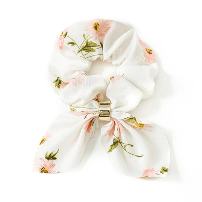 

New Arrival Fashion Chiffon Ribbon Printed Flower Elastic Hair Bands Rubber Band Round Elegant Alloy Scrunchies For women Girls