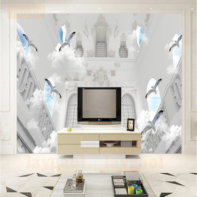 Пользовательские фото обои 3D Чайка голубое небо белые облака с летящими птицами