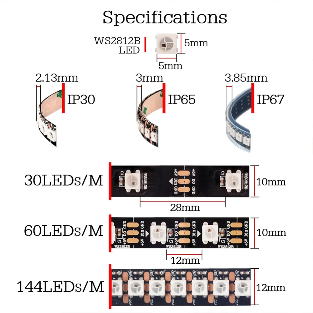 Светодиодная лента IP30 IP65 IP67 DC5V WS2812B Smart IC RGB 5050 цветной телевизор 1 м 5 30 60 74 96 144