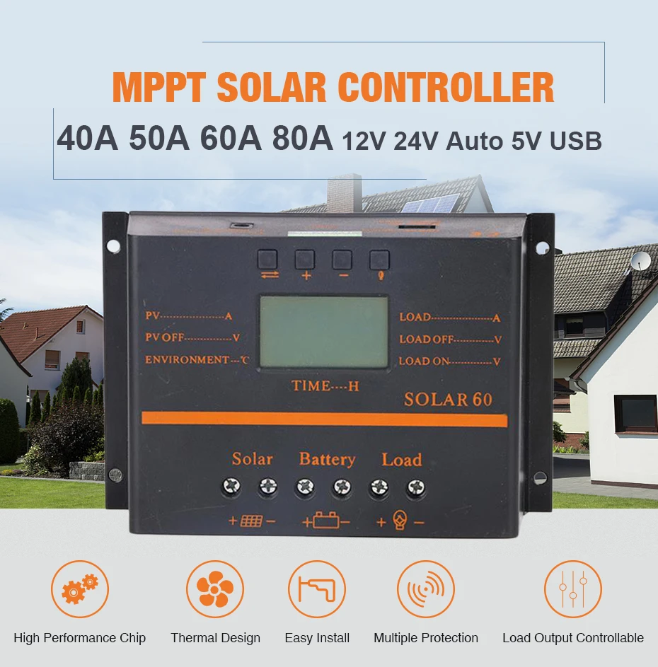 80A MPPT Солнечный контроллер PV Панель Контроллер заряда батареи Солнечная система 12 В 24 в 5 В USB зарядное устройство для домашнего использования