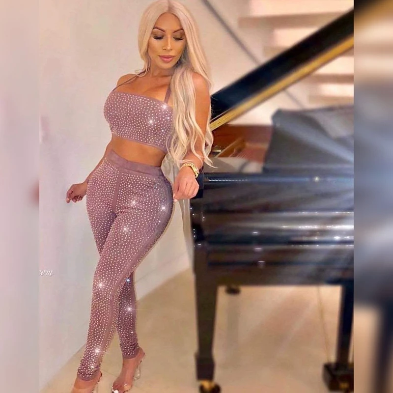 Ocstrade 2 Piece Bandage Set Clothing New Arrival 2019 Womens Brown Luxury Beaded Sexy Top and Pants Two | Женская одежда