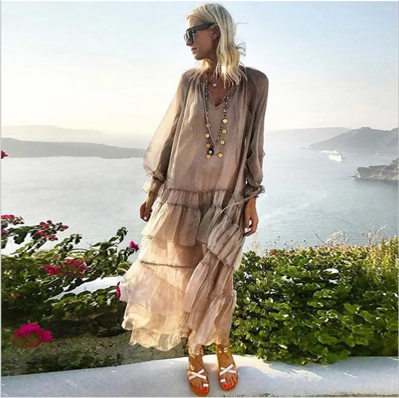 Женское длинное платье макси в богемном стиле с v образным вырезом длинным